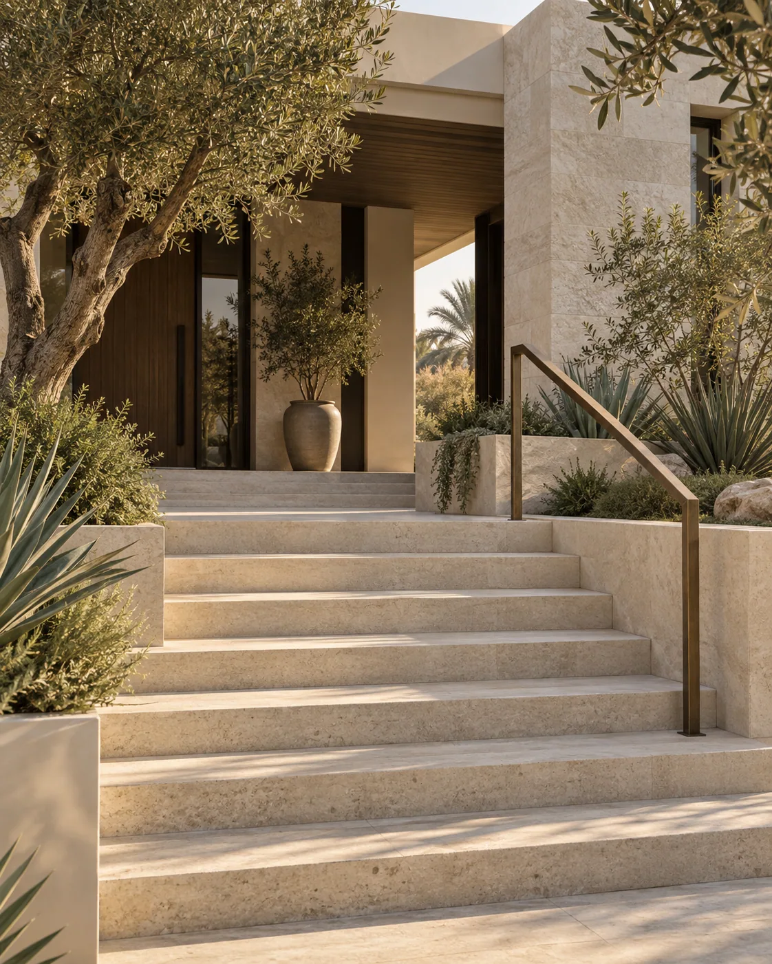 Illustrative limestone courtyard steps with bronze handrail and mature planting.
