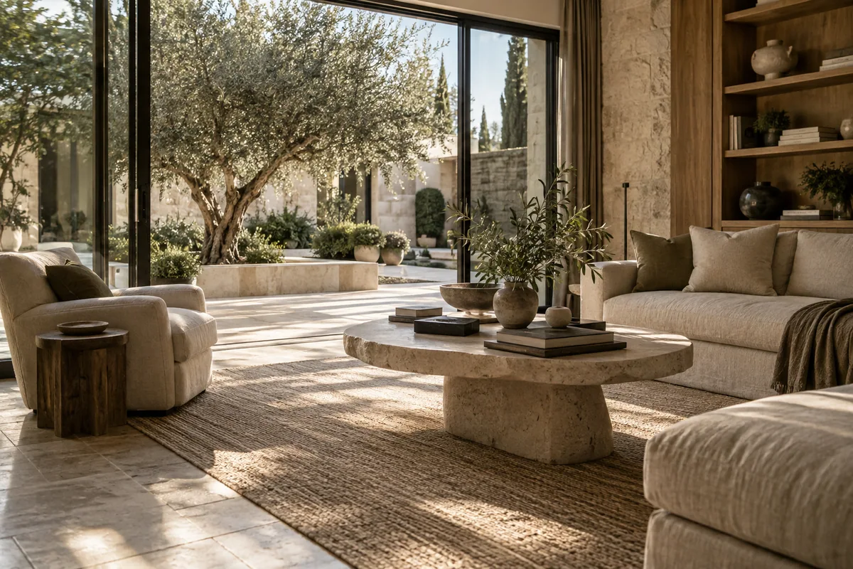 An illustrative serene residence interior with linen furnishings and a private olive courtyard.
