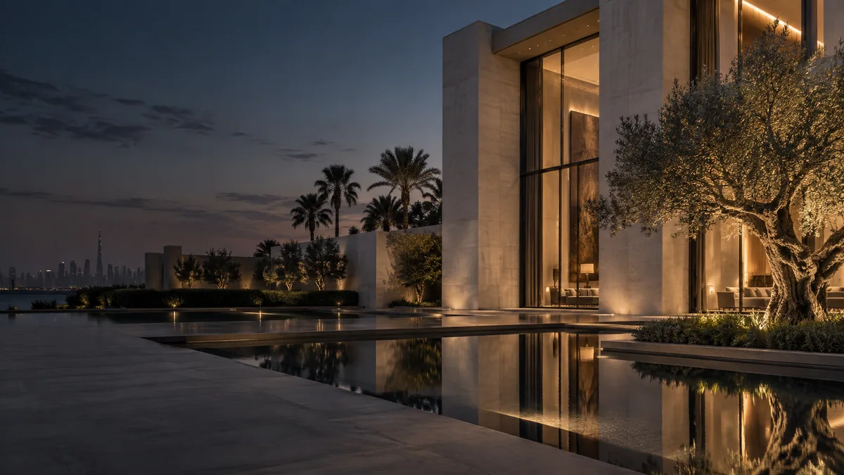 An imagined contemporary Dubai residence, softly illuminated at dusk beside a reflecting pool.